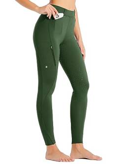 WILLIT Damen Reithose Reitleggings Vollbesatz Silikon Reithose High Waist Stretch Reithose mit Reißverschlusstasche Gürtelschlaufen Armeegrün L von WILLIT