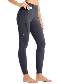 WILLIT Damen Reithose Reitleggings Vollbesatz Silikon Reithose High Waist Stretch Reithose mit Reißverschlusstasche Gürtelschlaufen Dunkelgrau XL von WILLIT