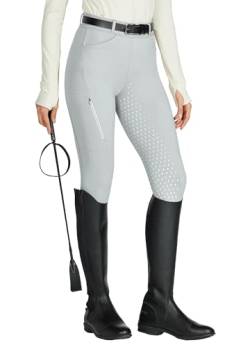 WILLIT Damen Reithose Reitleggings Vollbesatz Silikon Reithose High Waist Stretch Reithose mit Reißverschlusstasche Gürtelschlaufen Hellgrau XS von WILLIT