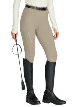 WILLIT Damen Reithose Reitleggings Vollbesatz Silikon Reithose High Waist Stretch Reithose mit Reißverschlusstasche Gürtelschlaufen Khaki L von WILLIT