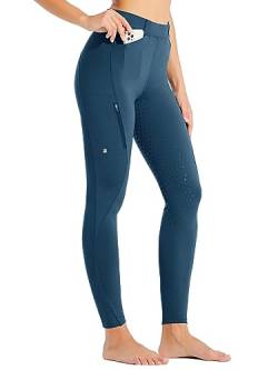 WILLIT Damen Reithose Reitleggings Vollbesatz Silikon Reithose High Waist Stretch Reithose mit Reißverschlusstasche Gürtelschlaufen Pfauenblau XL von WILLIT