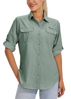 WILLIT Damen UPF 50+ Shirt Sonnenschutz Hemden Langarm Wanderbluse Safari Angelhemden SPF UV Schnelltrockner Wanderhemd Outdoor Hemden Salbei Grün XL von WILLIT