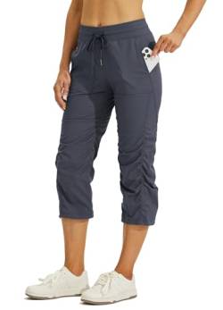 Willit Damen gewebte Caprihose Wanderhose Reisehose Gestreifte Workout Kordelzug Hose mit Taschen Leicht Schnell Trocknen von WILLIT