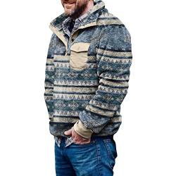 WILMOT Herren Aztec Fleece Pullover Fuzzy Sherpa Fleecejacke Button down Sweatshirt Warm Vintage Sweatpullover mit Tasche für Männer(Blue,L) von WILMOT