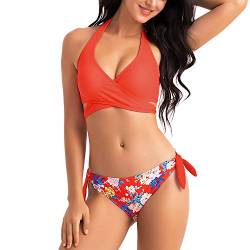 WIN.MAX Bikini Damen Set,Push Up Bikini,Zweiteiliger Badeanzug,Strandkleidung,Crossover Neckholder,Triangel Bikinioberteil mit Nackenträger,Bandeau Strandmode,Abnehmbar Bademode(rot,XS,UK8),36 EU von WIN.MAX