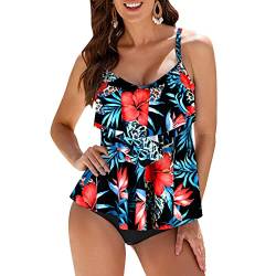 WIN.MAX Damen Tankini Bademoden Sets Hohe Taille Rüschen Volant 2 Stück Bikini Set Schwimmkostüm Plus Size Badeanzug（Roter Hibiskus，EU40 von WIN.MAX