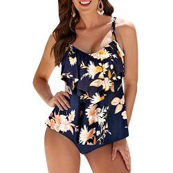 WIN.MAX Damen Tankini Bademoden Sets Hohe Taille Rüschen Volant 2 Stück Bikini Set Schwimmkostüm Plus Size Badeanzug(Wilde Rose,EU44) von WIN.MAX