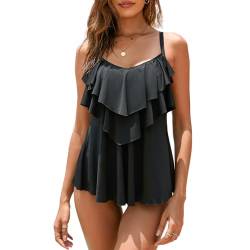 WIN.MAX Damen Tankini Bauchweg Bedruckter Badeanzug Zweiteiler Bikini Sets Push Up Swimsuit Gepolsterte Bademode Beachwear (Schwarz, 44EU) von WIN.MAX