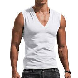Herren V-Ausschnitt Weste Einfarbig Lässig Schlank Ärmellos T-Shirt Atmungsaktiv Sport Unterhemd Tank Top für Laufen Fitness Gym, weiß, XL von WINDEHAO
