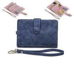 Kleine Leder Trifold Geldbörsen für Frauen Mini Wristlet Clutch Zipper Coin Purse with Wrist Strap,Große Kapazität Multilayer Leder Geldbörsen (Blue) von WINDEHAO