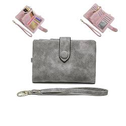 Kleine Leder Trifold Geldbörsen für Frauen Mini Wristlet Clutch Zipper Coin Purse with Wrist Strap,Große Kapazität Multilayer Leder Geldbörsen (Grey) von WINDEHAO