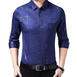 WINDEHAO Herren-Hemd aus Eisseide lässig mit Bronzierung Bedruckt 2023 Herbst mittleres Alter langärmeliges Hemd lässiges Button-Down-Luxus-formelles Hemd (Navy Blue,170/L) von WINDEHAO