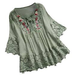 WINDEHAO Plus Size S-5XL Damen Baumwolle Leinen Bluse, Elegante Stickerei Blumen Spitze Hemden, Hohl Lace Up Tops Chemise von WINDEHAO