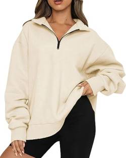 WINKEEY Damen 1/4 Zip Sweatshirt Oversized Hoodie Langarm Pullover Drop Shoulder Herbst Winter Oberteile,Beige L von WINKEEY