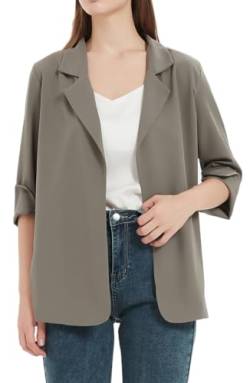 WINKEEY Damen Blazer mit Revers Offene Front Cardigan Casual Arbeit Büro Jacke Langarm Elegant Business Blazer Leicht Chiffon Cardigan,Grau L von WINKEEY