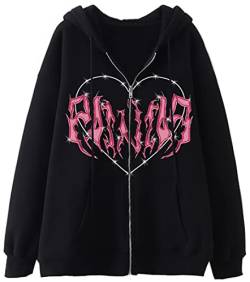 WINKEEY Damen Grafik Herz Print Hoodie Y2K E-Girl Langarm Reißverschluss Kapuze Oversized Jacke Sweatshirt, Schwarz, L von WINKEEY