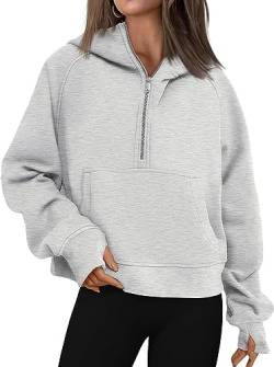 WINKEEY Damen Half Zip Hoodie Crop Sweatjacke Mit Kapuze Langarm Kurz Pulli Fitness Sport Pullover Mit Tasche,Grau S von WINKEEY