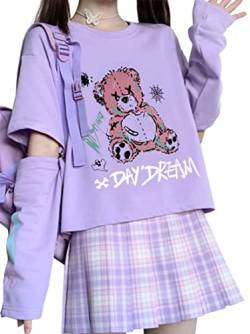 WINKEEY Damen Harajuku Langarmshirts Mädchen Sommer Tops Kawaii Japan Y2K Sweatshirts Gothic T-Shirt Cosplay Oberteil, Lila rosa Bär M von WINKEEY