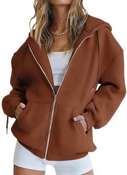 WINKEEY Damen Kapuzenpullover Basic Hoodie mit Reißverschlus Zip Hoodie Sweatjacke Sweatshirt Outdoor Fitness Jacke Sport Oberteil, Braun S von WINKEEY