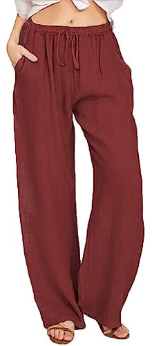 WINKEEY Damen Leinenhose Casual Sommer Freizeithose mit Taschen Frauen Hosen Jogginghose Loose Bequem Yogahose Mit Kordelzug,Weinrot M von WINKEEY