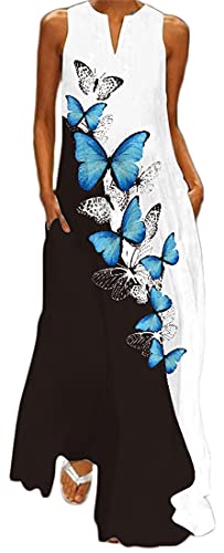 WINKEEY Damen Maxikleid Schmetterling Blumen Drucken V-Ausschnitt Böhmischer Plus Size Sommerlanges Kleid mit Taschen, 1 Blauer Schmetterling1 3XL von WINKEEY