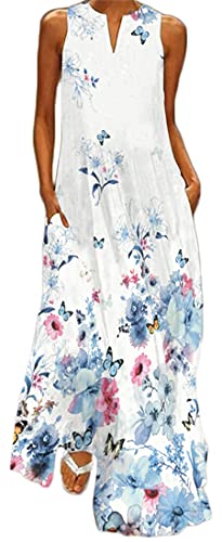 WINKEEY Damen Maxikleid Schmetterling Blumen Drucken V-Ausschnitt Böhmischer Plus Size Sommerlanges Kleid mit Taschen, Blaue Blume1 XL von WINKEEY