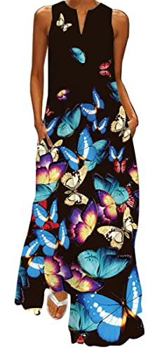 WINKEEY Damen Maxikleid Schmetterling Blumen Drucken V-Ausschnitt Böhmischer Plus Size Sommerlanges Kleid mit Taschen, Blauer Schmetterling2 3XL von WINKEEY