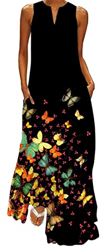 WINKEEY Damen Maxikleid Schmetterling Blumen Drucken V-Ausschnitt Böhmischer Plus Size Sommerlanges Kleid mit Taschen, Bunter Schmetterling 1 4XL von WINKEEY