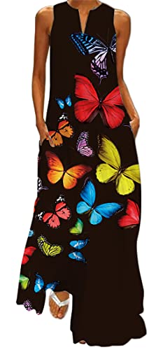 WINKEEY Damen Maxikleid Schmetterling Blumen Drucken V-Ausschnitt Böhmischer Plus Size Sommerlanges Kleid mit Taschen, Bunter Schmetterling 2 4XL von WINKEEY