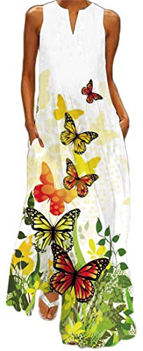 WINKEEY Damen Maxikleid Schmetterling Blumen Drucken V-Ausschnitt Böhmischer Plus Size Sommerlanges Kleid mit Taschen, Gelber Schmetterling1 4XL von WINKEEY