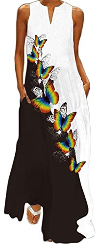 WINKEEY Damen Maxikleid Schmetterling Blumen Drucken V-Ausschnitt Böhmischer Plus Size Sommerlanges Kleid mit Taschen, Mehrfarbiger Schmetterling1 XL von WINKEEY