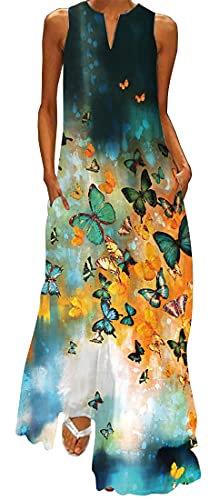 WINKEEY Damen Maxikleid Schmetterling Blumen Drucken V-Ausschnitt Böhmischer Plus Size Sommerlanges Kleid mit Taschen, Schwarzer Blauer Schmetterling1 3XL von WINKEEY