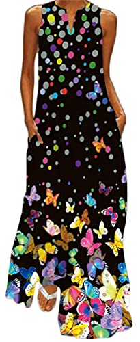 WINKEEY Damen Maxikleid Schmetterling Blumen Drucken V-Ausschnitt Böhmischer Plus Size Sommerlanges Kleid mit Taschen, Schwarzer Schmetterling1 3XL von WINKEEY