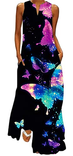 WINKEEY Damen Maxikleid Schmetterling Blumen Drucken V-Ausschnitt Böhmischer Plus Size Sommerlanges Kleid mit Taschen, Stern Schmetterling 3XL von WINKEEY