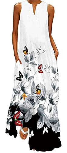 WINKEEY Damen Maxikleid Schmetterling Blumen Drucken V-Ausschnitt Böhmischer Plus Size Sommerlanges Kleid mit Taschen, Tuschemalerei1 5XL von WINKEEY