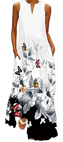 WINKEEY Damen Maxikleid Schmetterling Blumen Drucken V-Ausschnitt Böhmischer Plus Size Sommerlanges Kleid mit Taschen, Tuschemalerei1 XXL von WINKEEY