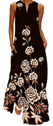 WINKEEY Damen Maxikleid Sommer Schmetterling Blumenkleid Sexy V-Ausschnitt Oversized Elegant Kleider Ärmelloses Kleid, Gelb Blume 4XL von WINKEEY