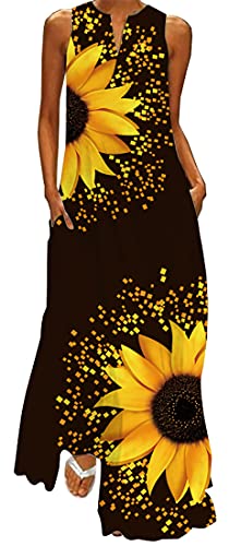 WINKEEY Damen Maxikleid Sommer Schmetterling Blumenkleid Sexy V-Ausschnitt Oversized Elegant Kleider Ärmelloses Kleid, Gelbe Sonnenblume 3XL von WINKEEY