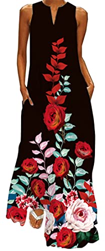 WINKEEY Damen Maxikleid Sommer Schmetterling Blumenkleid Sexy V-Ausschnitt Oversized Elegant Kleider Ärmelloses Kleid, Rose 5XL von WINKEEY