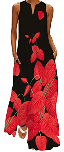 WINKEEY Damen Maxikleid Sommer Schmetterling Blumenkleid Sexy V-Ausschnitt Oversized Elegant Kleider Ärmelloses Kleid, Rote Blume 3XL von WINKEEY