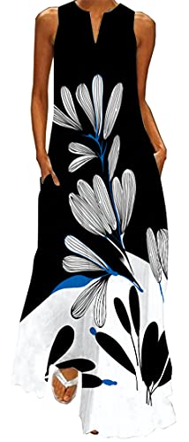WINKEEY Damen Maxikleid Sommer Schmetterling Blumenkleid Sexy V-Ausschnitt Oversized Elegant Kleider Ärmelloses Kleid, Schwarze und weiße Blumen 3XL von WINKEEY