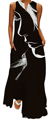 WINKEEY Damen Maxikleid Sommer Schmetterling Blumenkleid Sexy V-Ausschnitt Oversized Elegant Kleider Ärmelloses Kleid, Vögel 5XL von WINKEEY