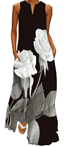 WINKEEY Damen Maxikleid Sommer Schmetterling Blumenkleid Sexy V-Ausschnitt Oversized Elegant Kleider Ärmelloses Kleid, Weiße Rose 3XL von WINKEEY