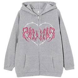 WINKEEY Damen Y2K Zip Up Hoodie Harajuku Jacke Skelett Pullover Herbst Winter Oversized Kapuzenpullover Langarm Sweatshirtt,Grau 3XL von WINKEEY