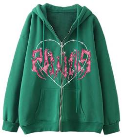 WINKEEY Damen Y2K Zip Up Hoodie Harajuku Jacke Skelett Pullover Herbst Winter Oversized Kapuzenpullover Langarm Sweatshirtt,Grün 3XL von WINKEEY