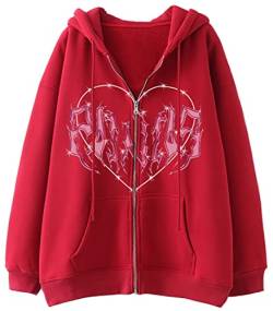 WINKEEY Damen Y2K Zip Up Hoodie Harajuku Jacke Skelett Pullover Herbst Winter Oversized Kapuzenpullover Langarm Sweatshirtt,Rot M von WINKEEY