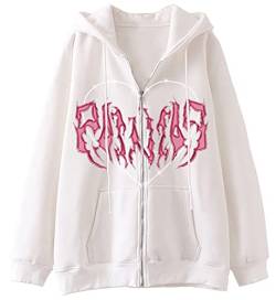 WINKEEY Damen Y2K Zip Up Hoodie Harajuku Jacke Skelett Pullover Herbst Winter Oversized Kapuzenpullover Langarm Sweatshirtt,Weiß L von WINKEEY