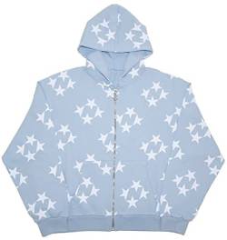 WINKEEY Damen Y2K Zip Up Hoodie Sterne Vintage Jacke Oversized Langarm Sweatshirts Harajuku Streetwearl Oberteil Pullover, Blau XL von WINKEEY
