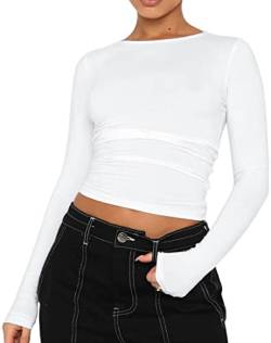 WINKEEY Essentials T-Shirt Damen Langarmshirt Y2k Tops Basic Shirt Sexy Einfarbig Slim Fit Crop Top Casual Rundhals Longsleeve Enges Oberteile, Weiß S von WINKEEY