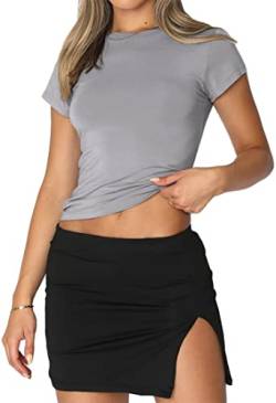 WINKEEY Essentials T-Shirt Y2K Crop Top Kurzarm Damen Sommer Sexy Shirt Einfarbig Basic Outfits Bauchfrei Streetwear, Hellgrau XS von WINKEEY